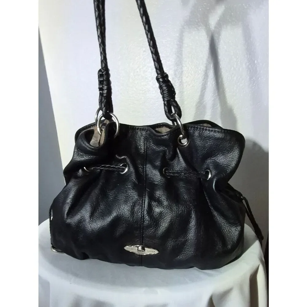 Elliott Lucca Black Pebble Leather Drawstring Hobo